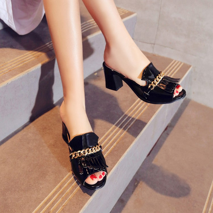 Women's Open Toe Metal Chains Chunky Heel Slides