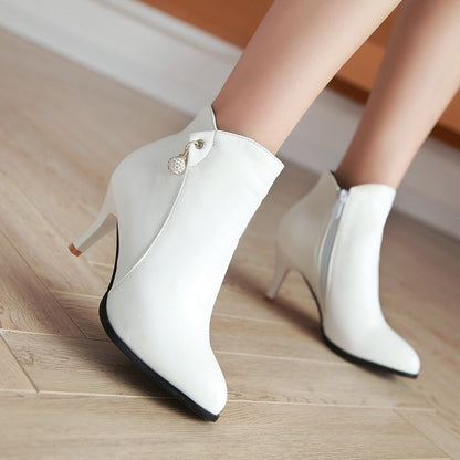 Women's Pu Leather Pointed Toe Rhinestone Kitten Heel Short Boots