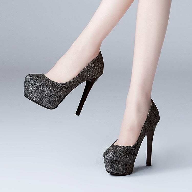Women's Sequins Almond Toe Stiletto Heel Platform Pumps