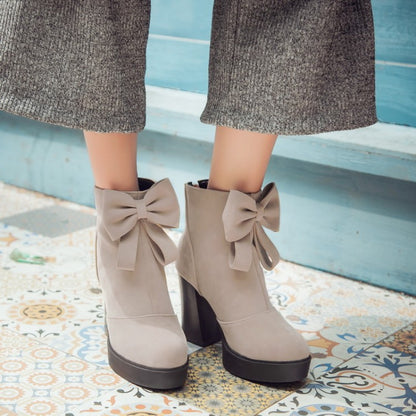 Women's Round Toe Bow Tie Back Zippers Block Chunky Heel Platform Short Boots