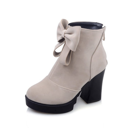 Women's Round Toe Bow Tie Back Zippers Block Chunky Heel Platform Short Boots