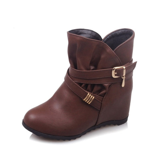 Women's Pu Leather Round Toe Crossed Buckle Straps Wedge Heel Short Boots