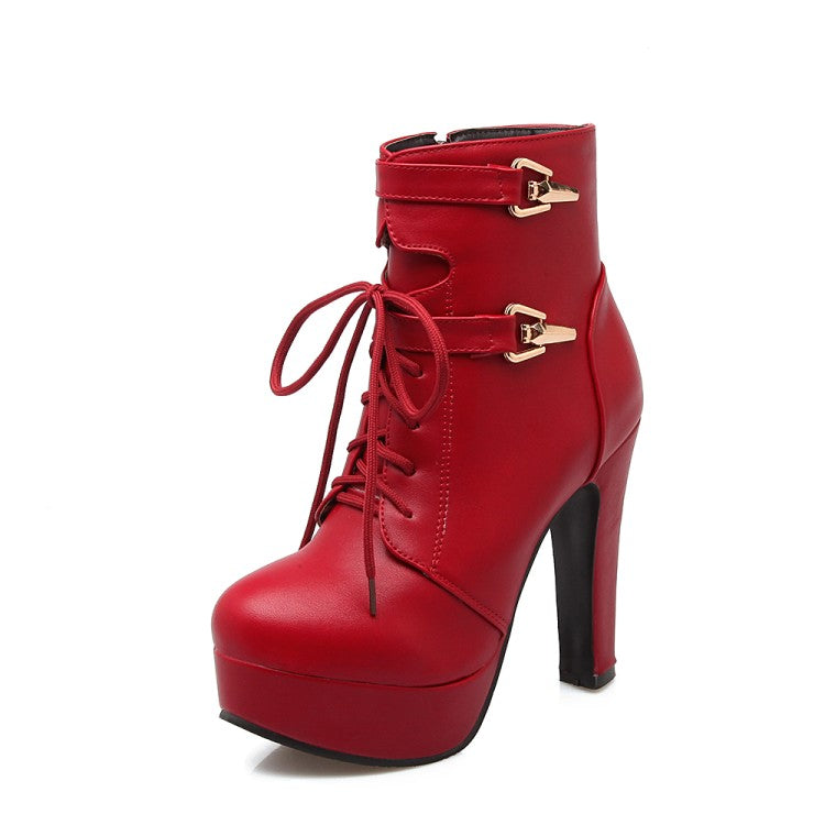 Women's Pu Leather Almond Toe Lace Up Side Zippers Block Chunky Heel Platform Short Boots