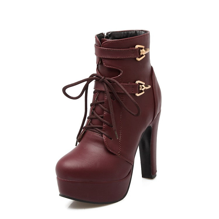 Women's Pu Leather Almond Toe Lace Up Side Zippers Block Chunky Heel Platform Short Boots