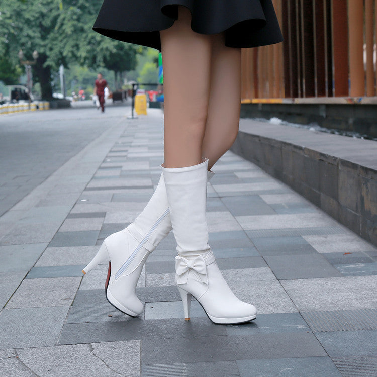 Women's Bow Tie Slouch Cone Heel Platform Side Zippers Knee High Boots