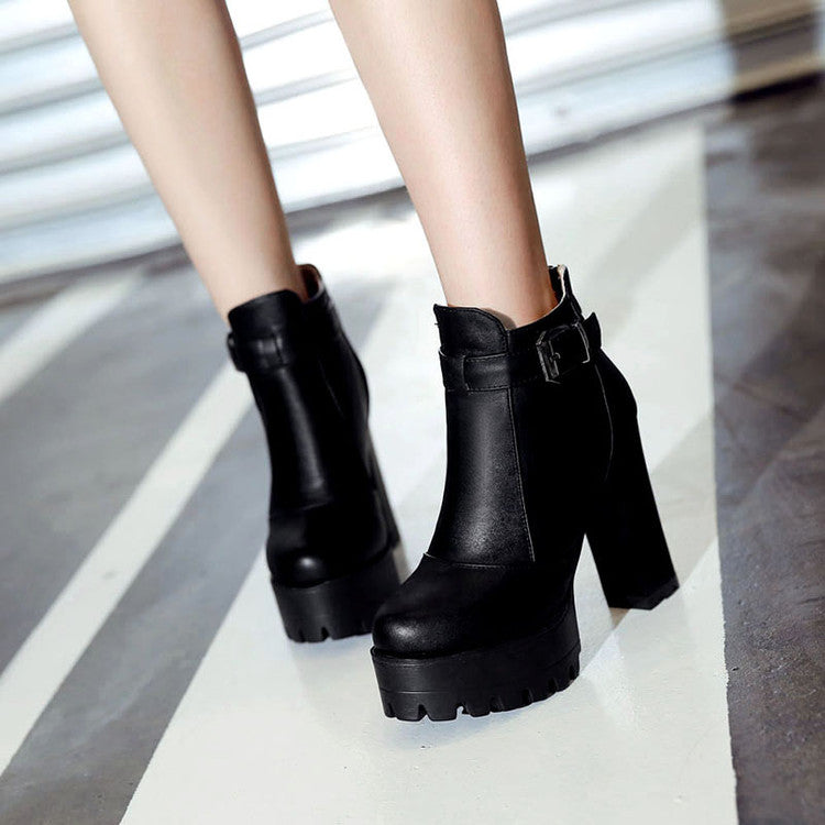 Women's Pu Leather Round Toe Buckle Straps Block Chunky Heel Platform Back Zippers Ankle Boots