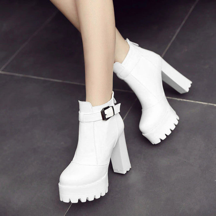 Women's Pu Leather Round Toe Buckle Straps Block Chunky Heel Platform Back Zippers Ankle Boots