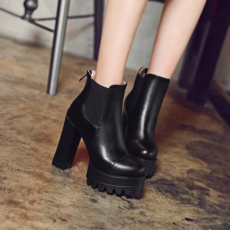 Women's Pu Leather Round Toe Back Zippers Block Chunky Heel Platform Ankle Boots