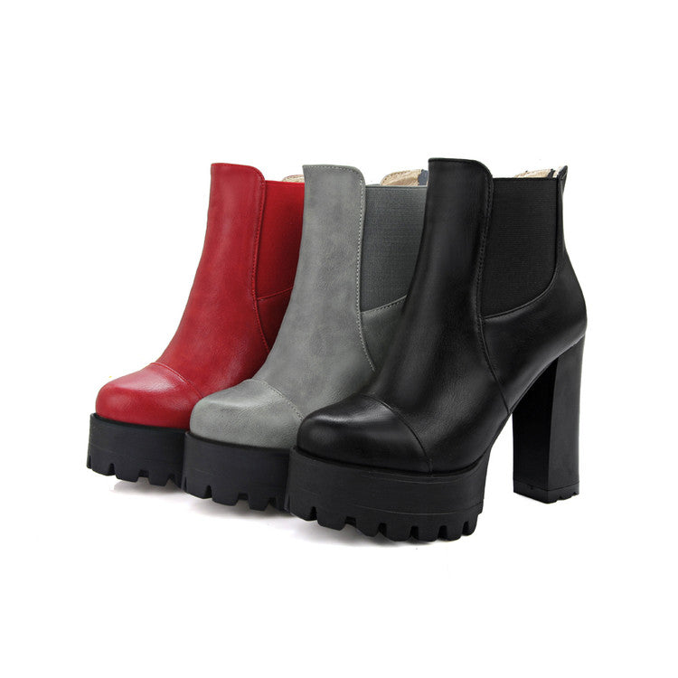 Women's Pu Leather Round Toe Back Zippers Block Chunky Heel Platform Ankle Boots