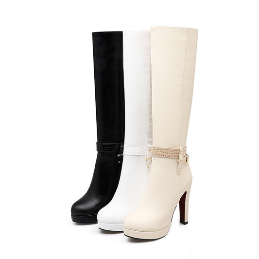 Women's Zippers Round Toe Chunky Heel Platform Knee-High Boots