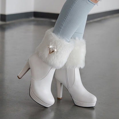 Women's Pu Leather Round Toe Furry Rhinestone Block Chunky Heel Platform Short Boots