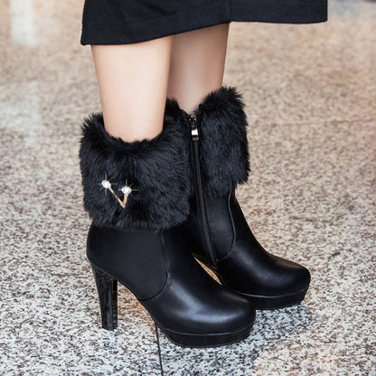 Women's Pu Leather Round Toe Furry Rhinestone Block Chunky Heel Platform Short Boots