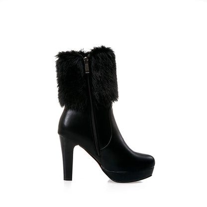 Women's Pu Leather Round Toe Furry Rhinestone Block Chunky Heel Platform Short Boots