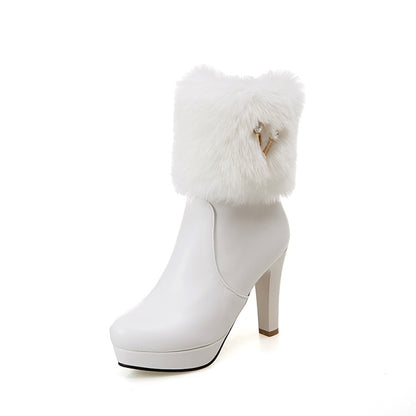 Women's Pu Leather Round Toe Furry Rhinestone Block Chunky Heel Platform Short Boots