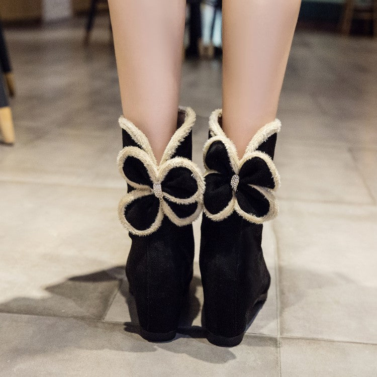 Women's Round Toe Furry Bowtie Inside Heighten Ankle Boots
