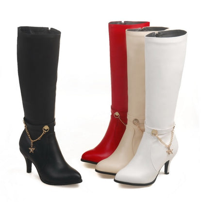 Women's Pu Leather Pointed Toe Metal Stars Chains Side Zippers Kitten Heel Knee High Boots