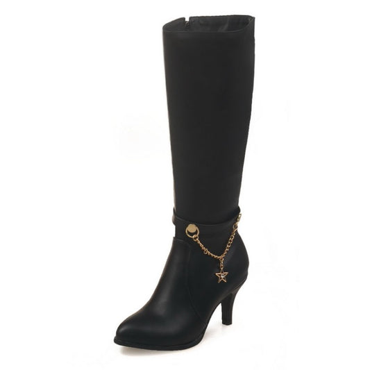 Women's Pu Leather Pointed Toe Metal Stars Chains Side Zippers Kitten Heel Knee High Boots