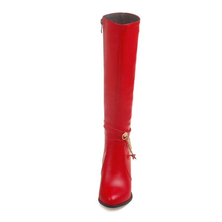 Women's Pu Leather Pointed Toe Metal Stars Chains Side Zippers Kitten Heel Knee High Boots