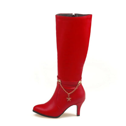 Women's Pu Leather Pointed Toe Metal Stars Chains Side Zippers Kitten Heel Knee High Boots