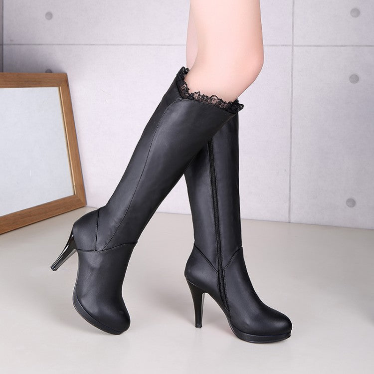 Women's Lace Side Zippers Cone Heel Platform Knee High Boots