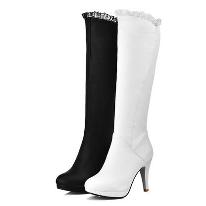 Women's Lace Side Zippers Cone Heel Platform Knee High Boots