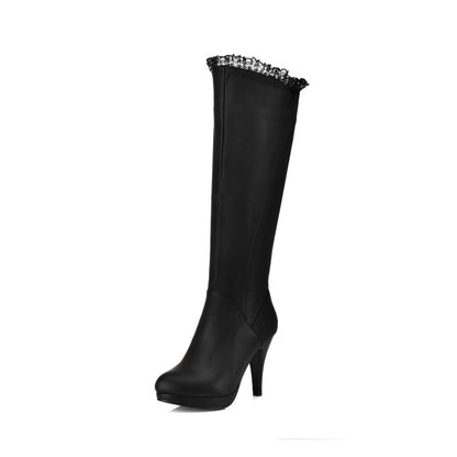 Women's Lace Side Zippers Cone Heel Platform Knee High Boots