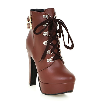 Women's Pu Leather Almond Toe Rivets Lace Up Buckle Straps Block Chunky Heel Platform Short Boots