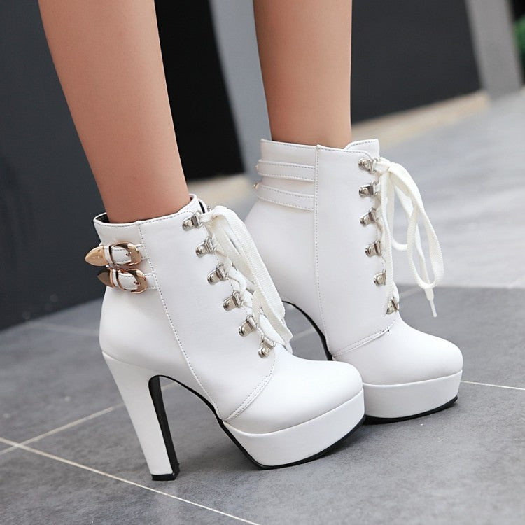 Women's Pu Leather Almond Toe Rivets Lace Up Buckle Straps Block Chunky Heel Platform Short Boots