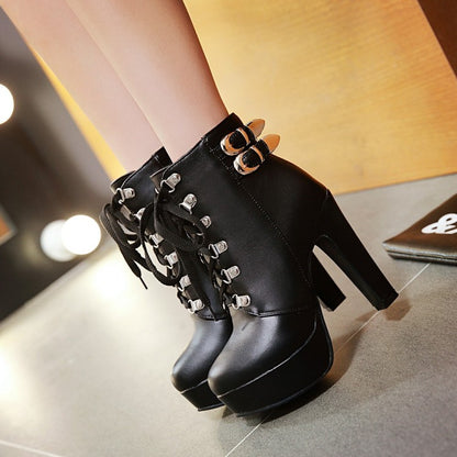 Women's Pu Leather Almond Toe Rivets Lace Up Buckle Straps Block Chunky Heel Platform Short Boots