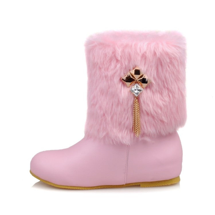 Women's Pu Leather Round Toe Furry Rhinestone Tassel Inside Heighten Ankle Boots