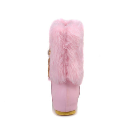 Women's Pu Leather Round Toe Furry Rhinestone Tassel Inside Heighten Ankle Boots