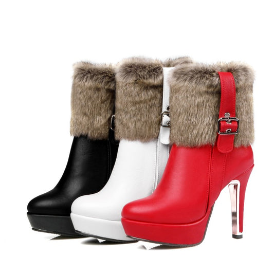 Women's Side Zippers Buckle Straps High Heel Platform Short Boots