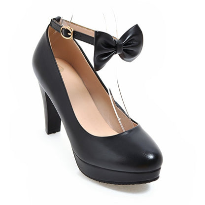 Women's Bow Tie Ankle Strap Block Chunky Heel Platform Pumps