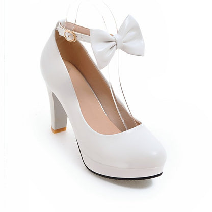 Women's Bow Tie Ankle Strap Block Chunky Heel Platform Pumps