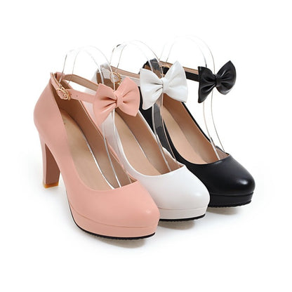 Women's Bow Tie Ankle Strap Block Chunky Heel Platform Pumps