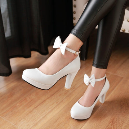 Women's Bow Tie Ankle Strap Block Chunky Heel Platform Pumps