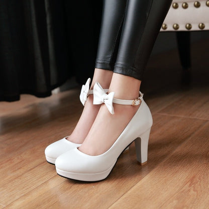 Women's Bow Tie Ankle Strap Block Chunky Heel Platform Pumps