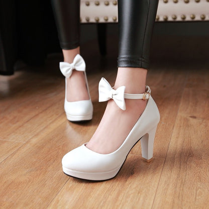 Women's Bow Tie Ankle Strap Block Chunky Heel Platform Pumps