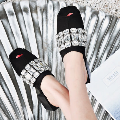 Women's Rhinestone Block Chunky Heel Slides Sandals