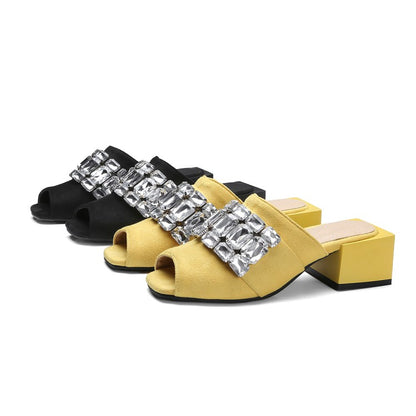 Women's Rhinestone Block Chunky Heel Slides Sandals