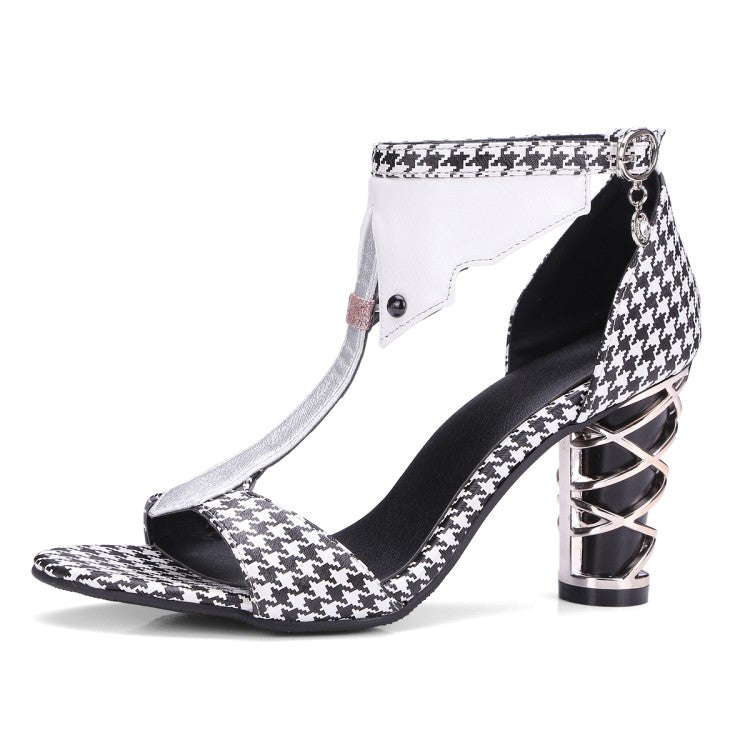 Women's Lattice T Strap Block Chunky Heel Sandals