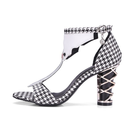 Women's Lattice T Strap Block Chunky Heel Sandals