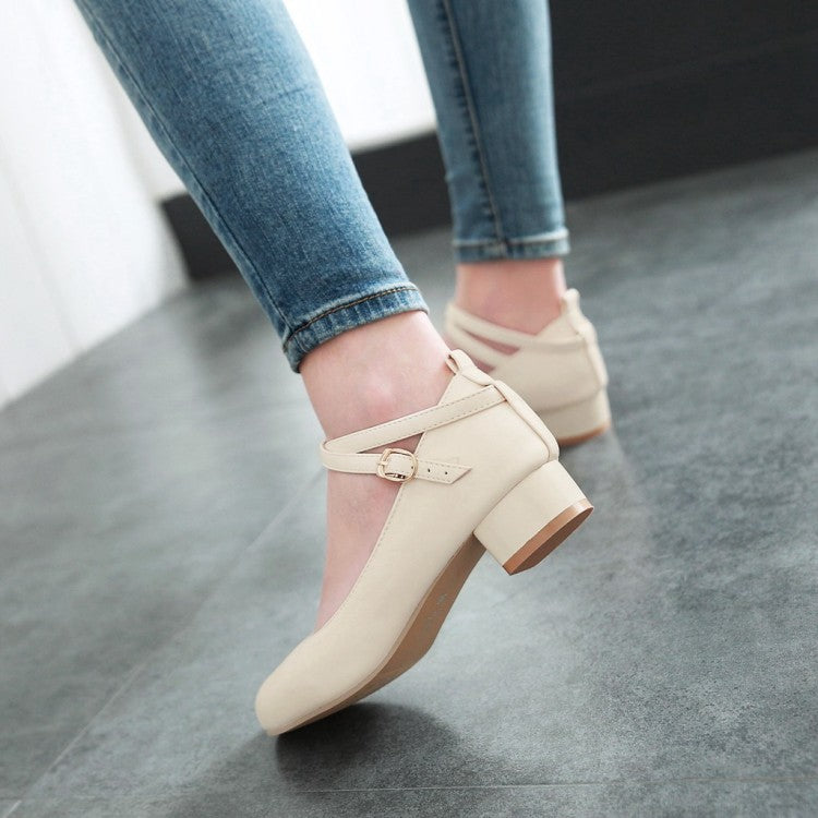 Women's Ankle Strap Chunky Pumps Low Heels Shoes