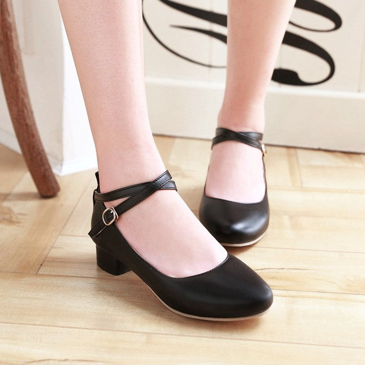 Women's Ankle Strap Chunky Pumps Low Heels Shoes