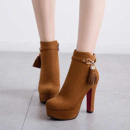 Women's Flock Round Toe Tassel Side Zippers Block Chunky Heel Platform Short Boots