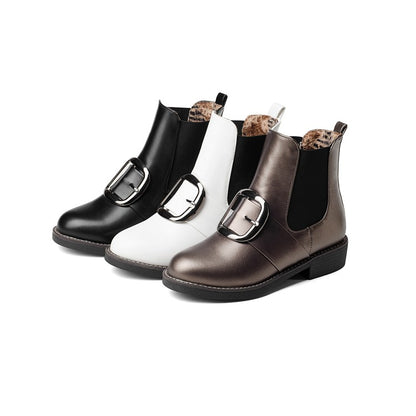 Women's Pu Leather Buckle Straps Stretch Short Chelsea Boots