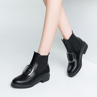 Women's Pu Leather Buckle Straps Stretch Short Chelsea Boots