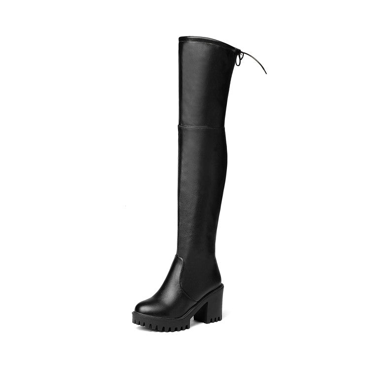 Women's Pu Leather Round Toe Side Zippers Block Chunky Heel Platform Over the Knee Boots