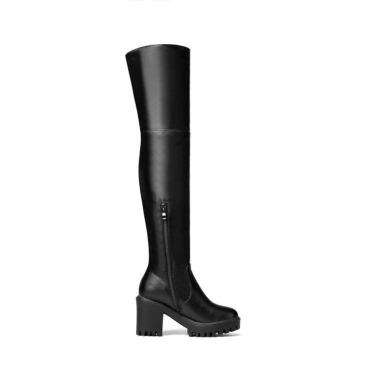 Women's Round Toe Side Zippers Block Chunky Heel Platform Over the Knee Boots