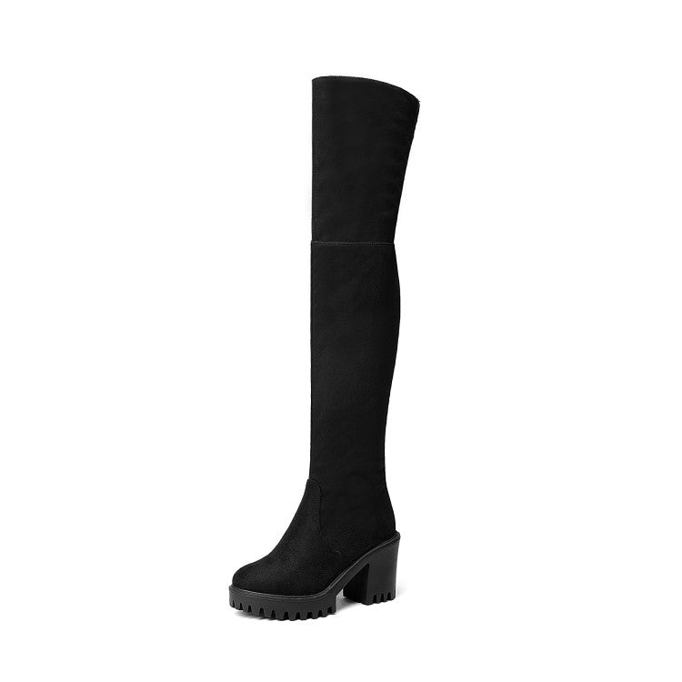 Women's Round Toe Side Zippers Block Chunky Heel Platform Over the Knee Boots